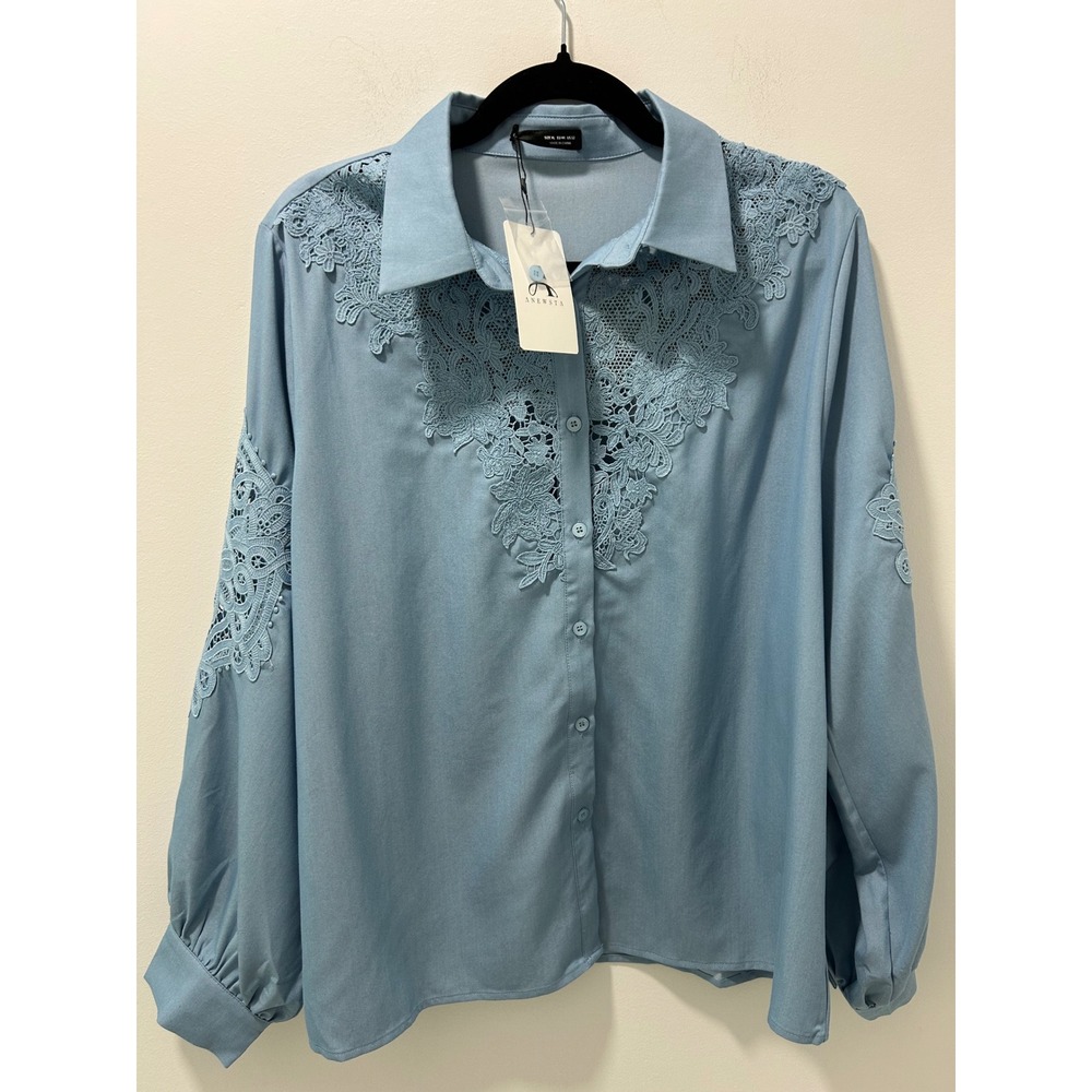 NWT Anewsta Blue Lace Crochet Button Down Blouse Long Sleeve XL US 12 New